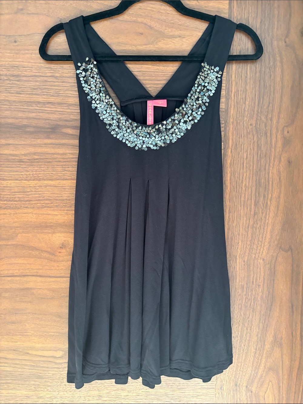 Charlotte Tarantola Black Sleeveless Tank with Silver Sequin Neckline